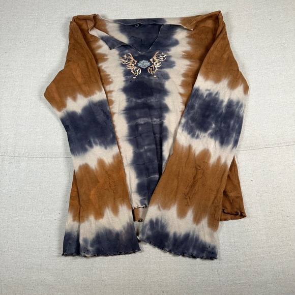 Harley Davidson Y2K Tie Dye Butterfly Long Sleeve V Neck Shirt graphic bikercore - Picture 3 of 8